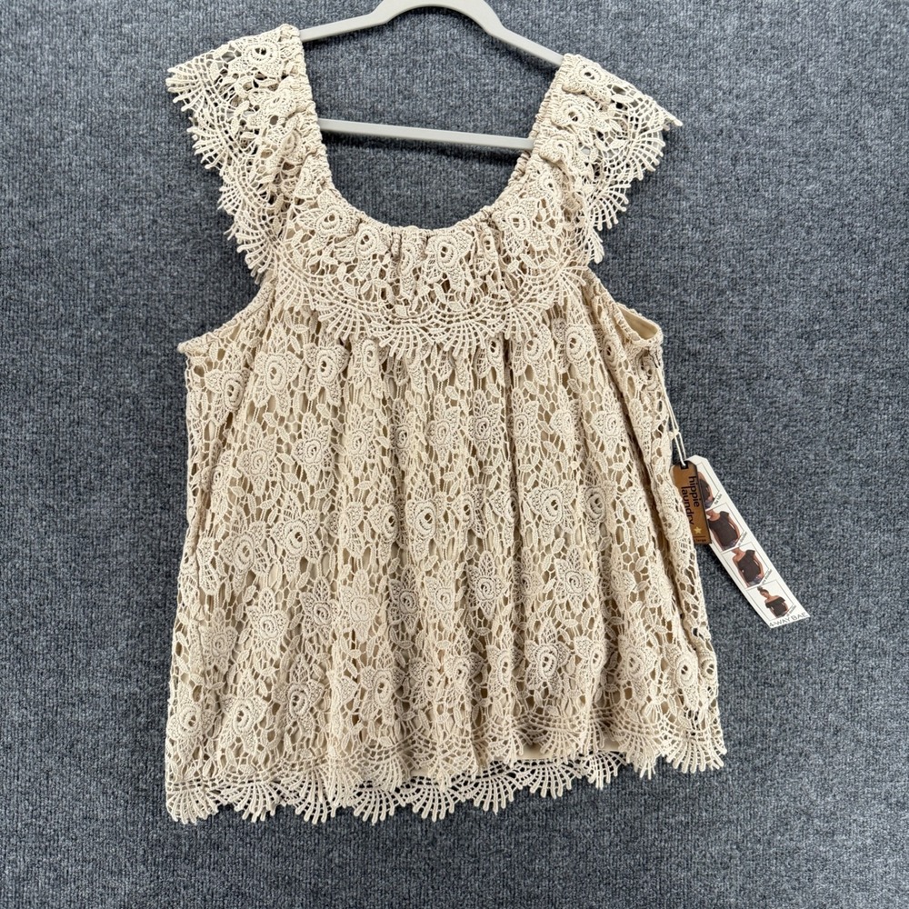 Hippie Laundry Top Womens XL Beige‎ Crochet Boho Cottagecore Coquette Romantic